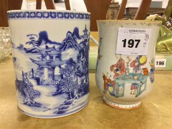 A Chinese export blue and white mug and a famille rose mug, 18th century